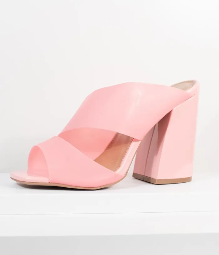 Frosted Pink Vinyl Peep Toe Mule Heels Shoes Unique Vintage Sandals