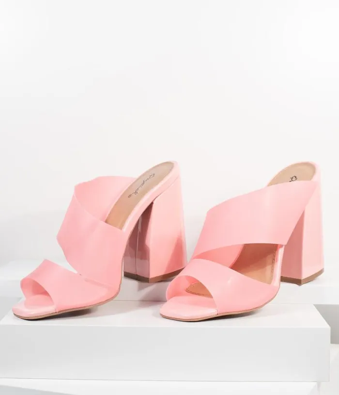 Frosted Pink Vinyl Peep Toe Mule Heels Shoes Unique Vintage Sandals