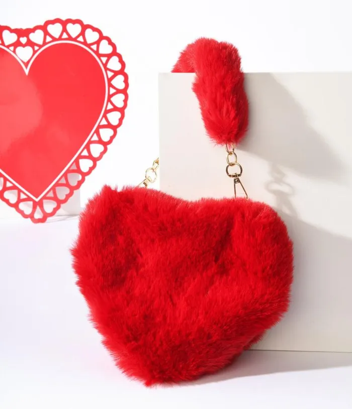 Fuzzy Red Heart Handbag Accessories Unique Vintage Novelty Bags
