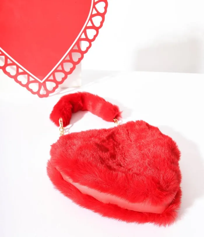 Fuzzy Red Heart Handbag Accessories Unique Vintage Novelty Bags