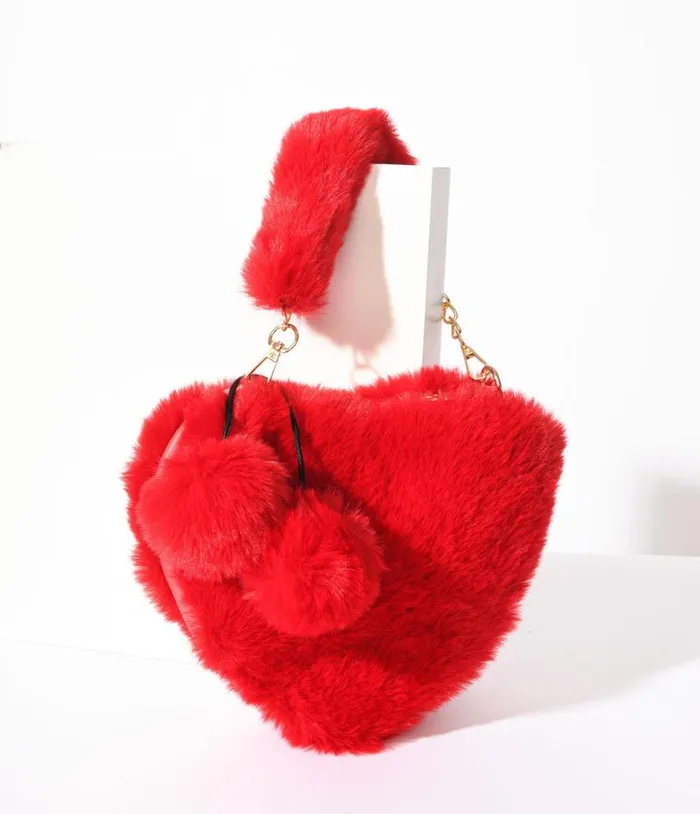 Fuzzy Red Heart Handbag Accessories Unique Vintage Novelty Bags