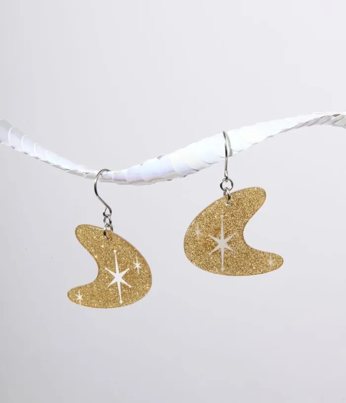 Gold Glitter Atomic Boomerang Dangle Earrings Accessories Unique Vintage Earrings Gold Glitter Atomic Boomerang Dangle Earrings Accessories Unique Vintage Earrings