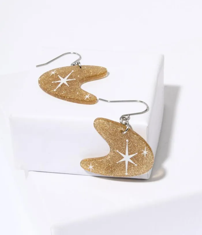 Gold Glitter Atomic Boomerang Dangle Earrings Accessories Unique Vintage Earrings
