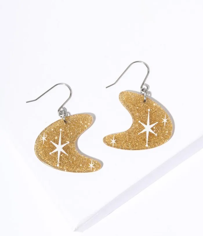 Gold Glitter Atomic Boomerang Dangle Earrings Accessories Unique Vintage Earrings