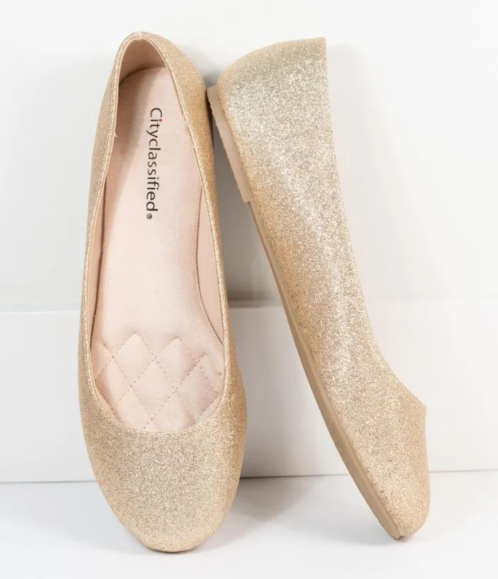 Golden Glitter Ballet Flats Shoes Unique Vintage Flats