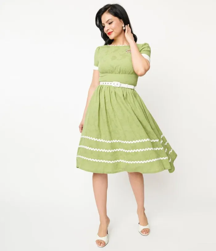 Green and White Butterfly Brooch Swing Dress Dresses Unique Vintage Swing
