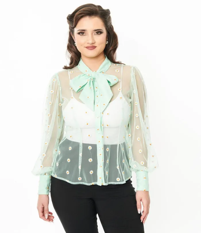 Green and White Daisy Print Sheer Gwen Blouse Clothing Unique Vintage Blouses
