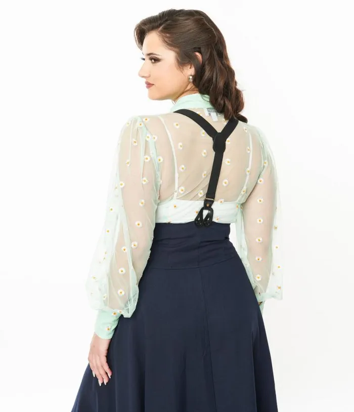 Green and White Daisy Print Sheer Gwen Blouse Clothing Unique Vintage Blouses