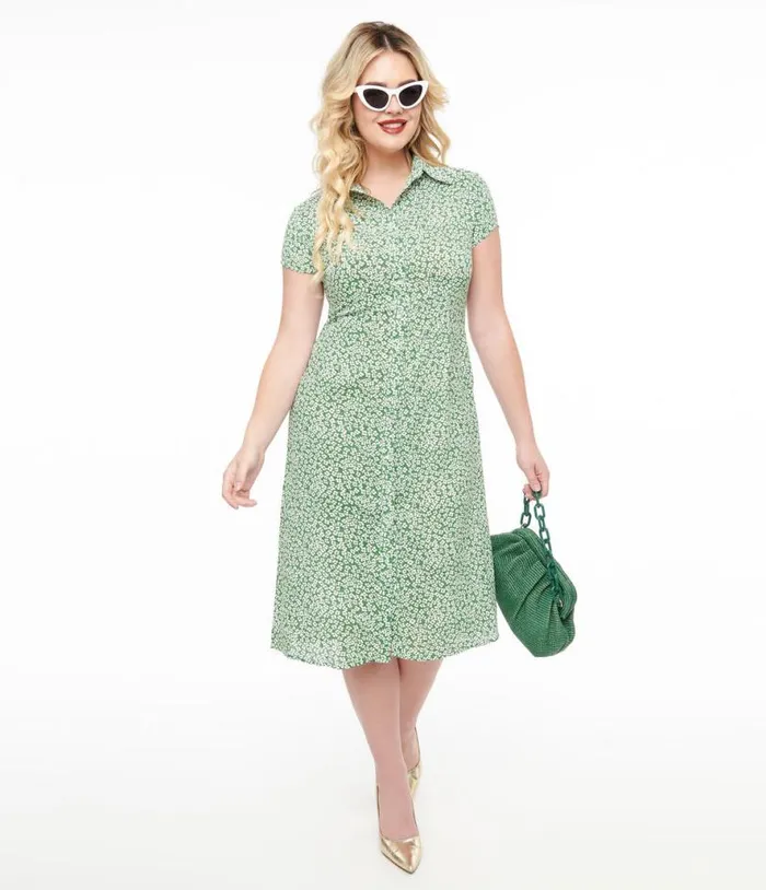 Green and White Ditsy Floral Print Button Up Midi Dress Dresses Unique Vintage Midi Green and White Ditsy Floral Print Button Up Midi Dress Dresses Unique Vintage Midi