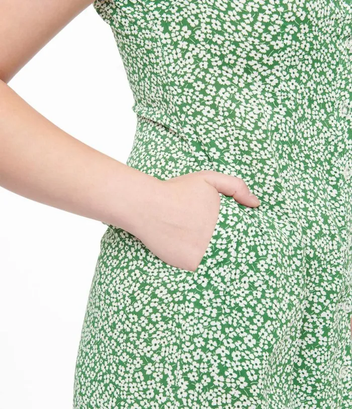 Green and White Ditsy Floral Print Button Up Midi Dress Dresses Unique Vintage Midi