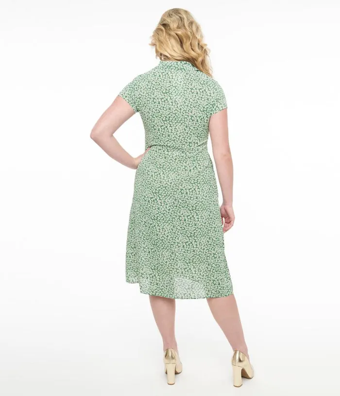 Green and White Ditsy Floral Print Button Up Midi Dress Dresses Unique Vintage Midi