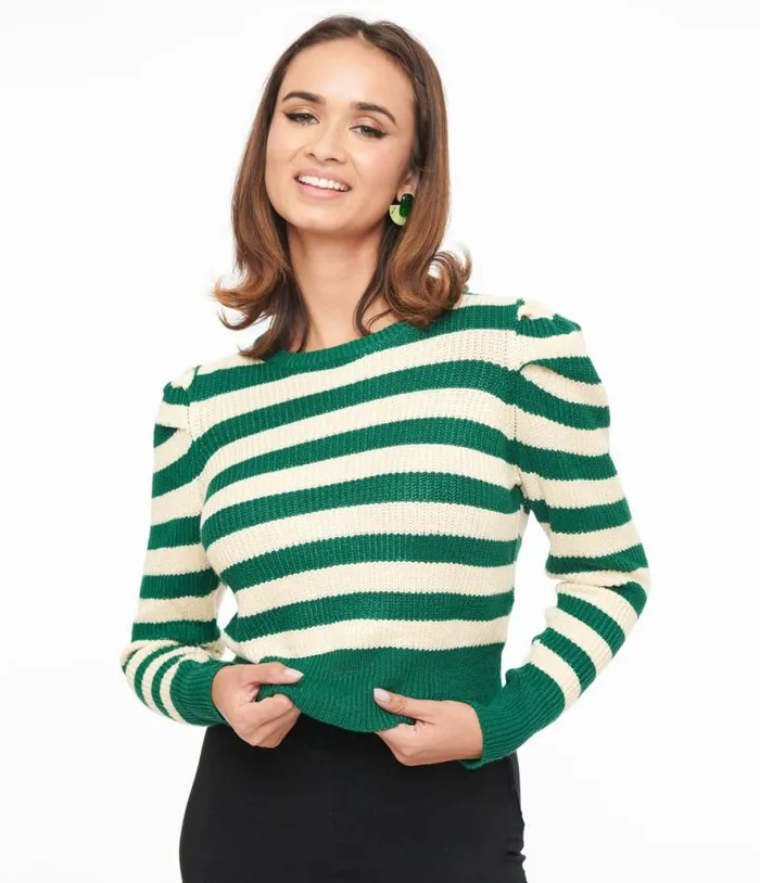 Green and White Stripe Yara Knit Sweater Clothing Unique Vintage Sweaters and Cardigans
