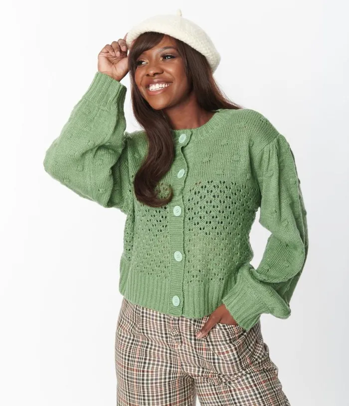 Green Eyelet Pom Pom Puff Sleeve Cardigan Clothing Unique Vintage Sweaters and Cardigans