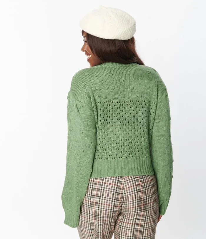 Green Eyelet Pom Pom Puff Sleeve Cardigan Clothing Unique Vintage Sweaters and Cardigans