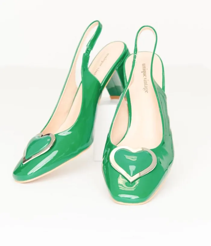 Green Heart Leatherette Slingback Heels Shoes Unique Vintage Heels
