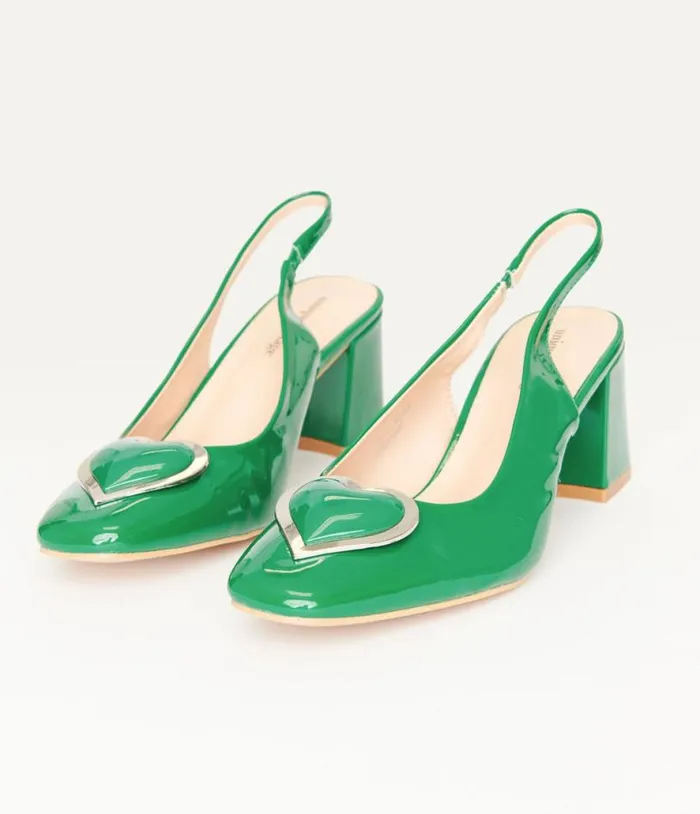 Green Heart Leatherette Slingback Heels Shoes Unique Vintage Heels