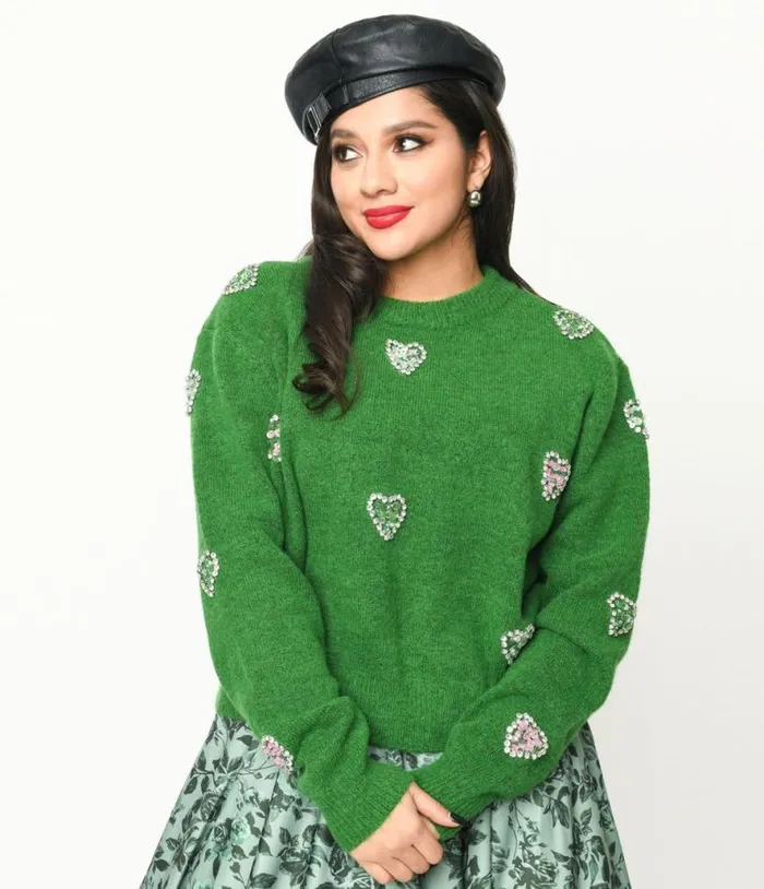 Green Rhinestone Hearts Embellished Pullover Sweater Clothing Unique Vintage Sweaters and Cardigans Green Rhinestone Hearts Embellished Pullover Sweater Clothing Unique Vintage Sweaters and Cardigans