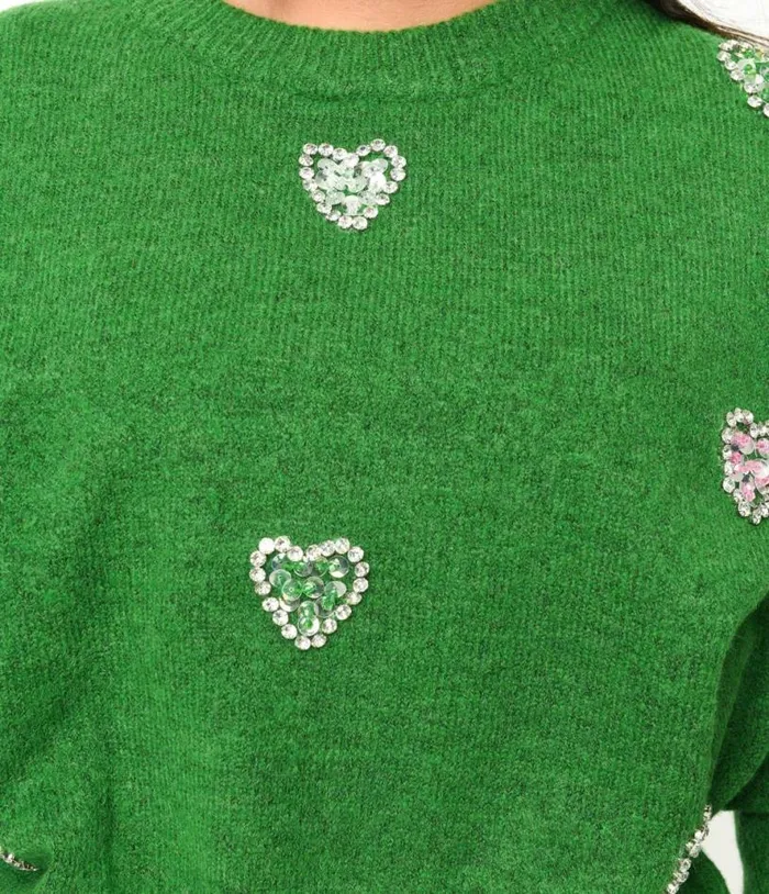 Green Rhinestone Hearts Embellished Pullover Sweater Clothing Unique Vintage Sweaters and Cardigans
