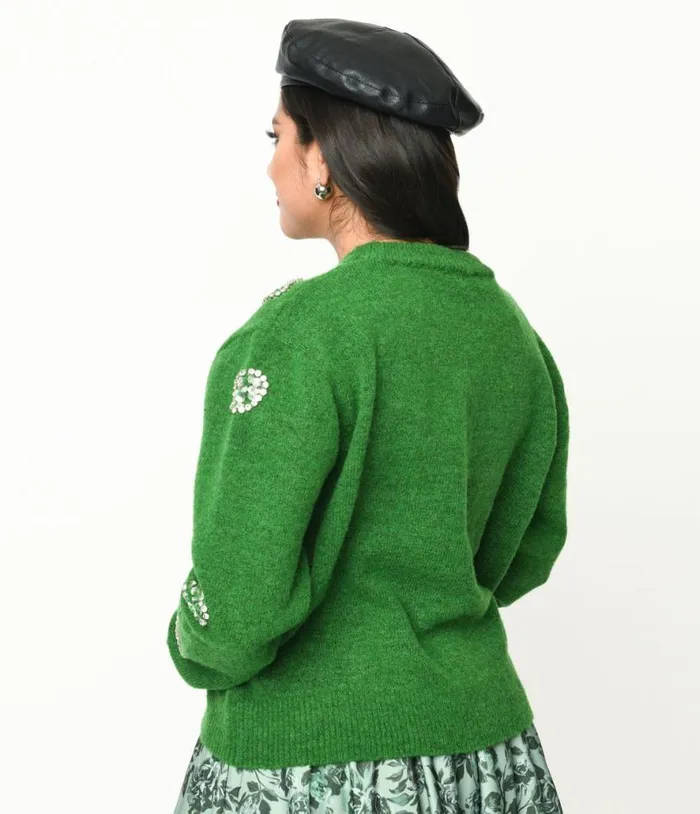 Green Rhinestone Hearts Embellished Pullover Sweater Clothing Unique Vintage Sweaters and Cardigans