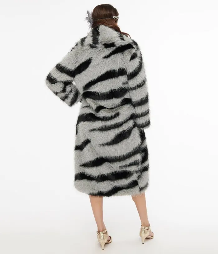 Grey and Black Zebra Long Faux Fur Coat Clothing Unique Vintage Coats and Jackets