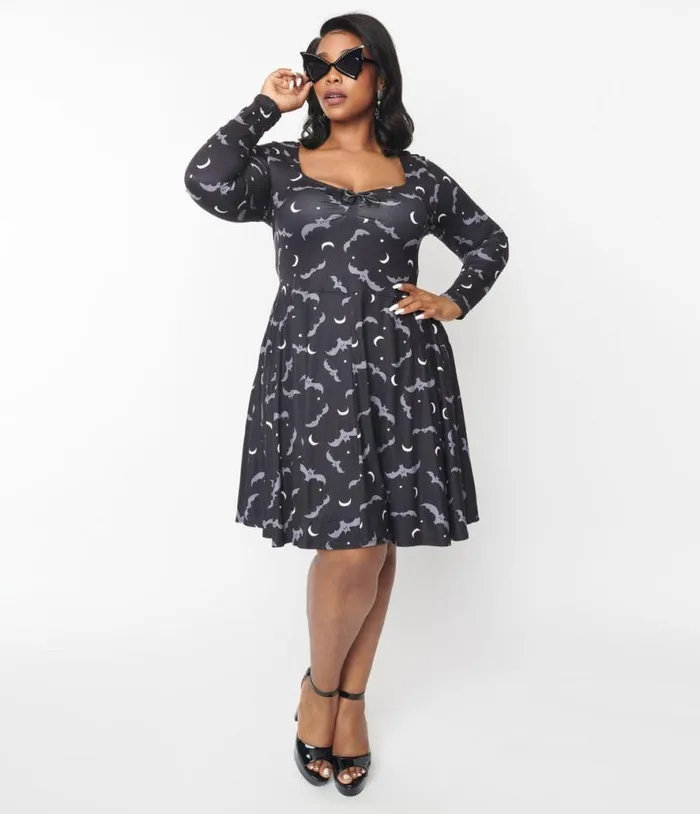 Grey Bat and Moon Hello Gorgeous Flare Dress DressesHalloweenPlus Unique Vintage Dresses