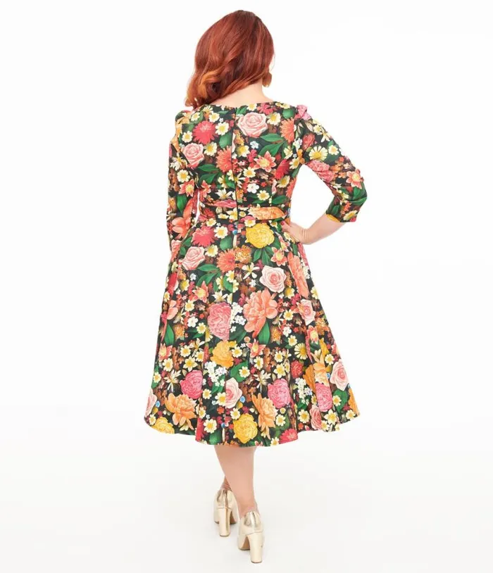 Hearts and Roses Black Floral Cassidy Swing Dress Dresses Unique Vintage Pocket Dresses