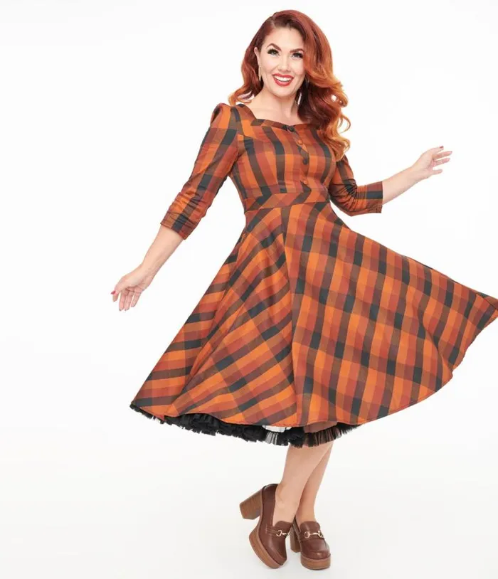 Hearts and Roses Brown and Orange Check Caitlin Swing Dress Dresses Unique Vintage Pocket Dresses Hearts and Roses Brown and Orange Check Caitlin Swing Dress Dresses Unique Vintage Pocket Dresses