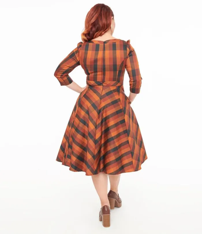 Hearts and Roses Brown and Orange Check Caitlin Swing Dress Dresses Unique Vintage Pocket Dresses