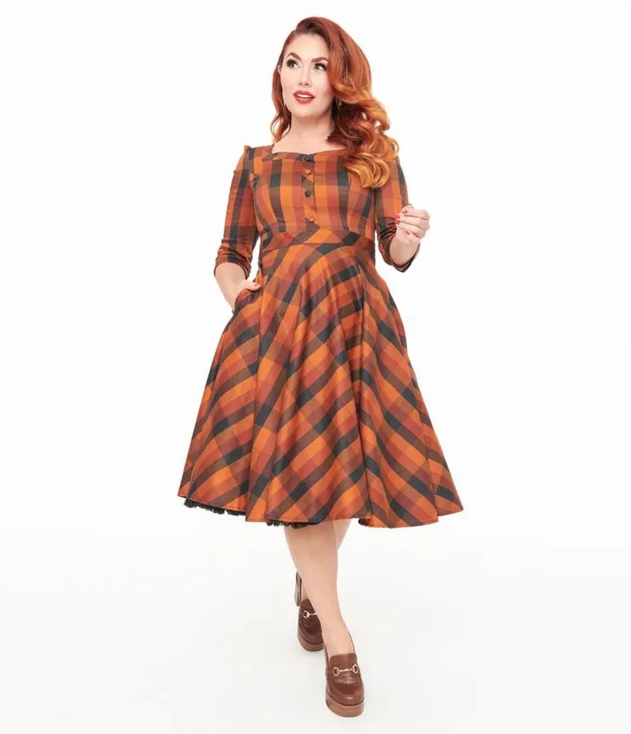 Hearts and Roses Brown and Orange Check Caitlin Swing Dress Dresses Unique Vintage Pocket Dresses