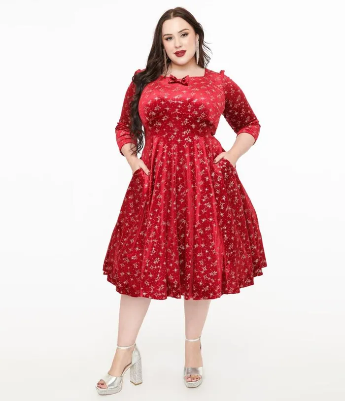 Hearts and Roses Plus Size Burgundy Sparkle Paris Swing Dress DressesPlus Unique Vintage Pocket Dresses