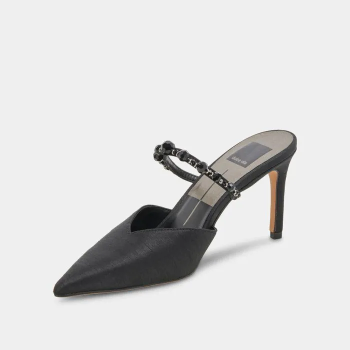 Heels Shop Dolce Vita Kanika Heels With Black Pearls Thin Tapered Heel and Pointed Toe Black Pearls