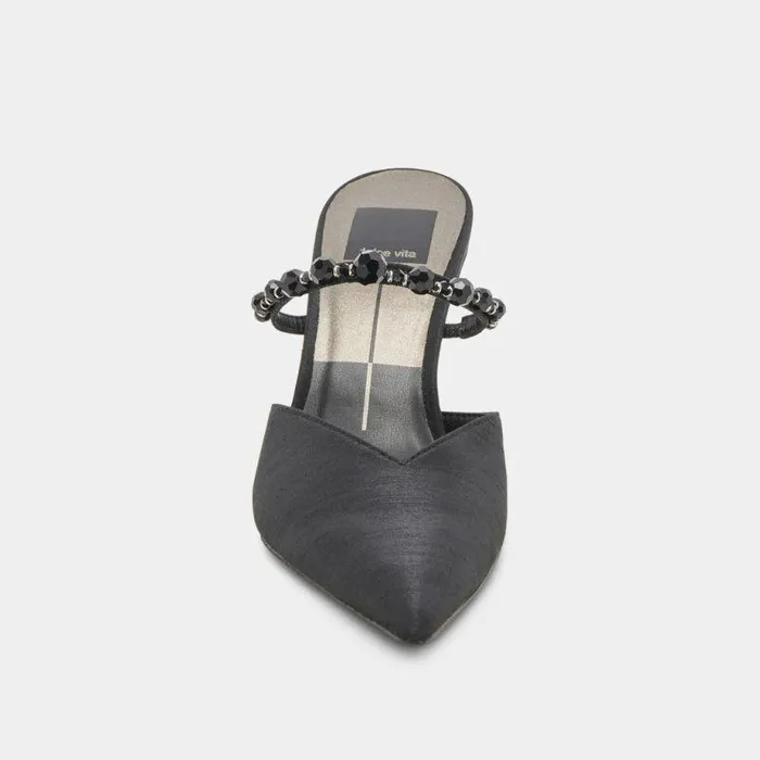 Heels Shop Dolce Vita Kanika Heels With Black Pearls Thin Tapered Heel and Pointed Toe Black Pearls