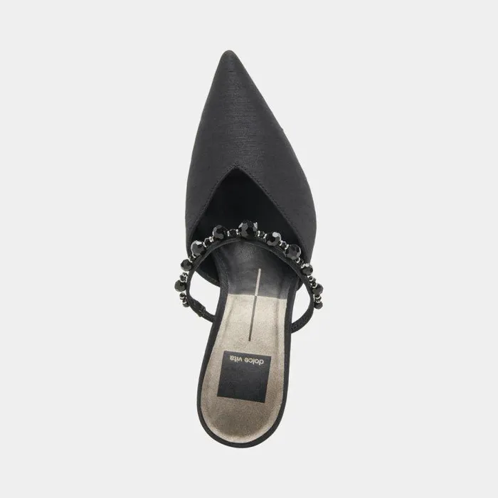 Heels Shop Dolce Vita Kanika Heels With Black Pearls Thin Tapered Heel and Pointed Toe Black Pearls