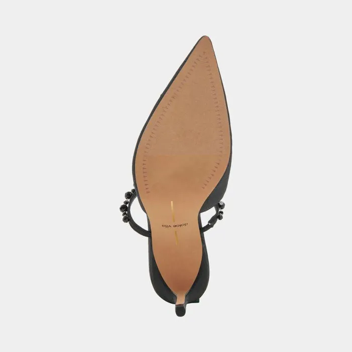 Heels Shop Dolce Vita Kanika Heels With Black Pearls Thin Tapered Heel and Pointed Toe Black Pearls
