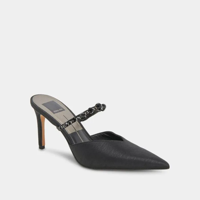 Heels Shop Dolce Vita Kanika Heels With Black Pearls Thin Tapered Heel and Pointed Toe Black Pearls
