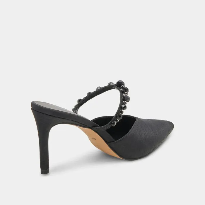 Heels Shop Dolce Vita Kanika Heels With Black Pearls Thin Tapered Heel and Pointed Toe Black Pearls