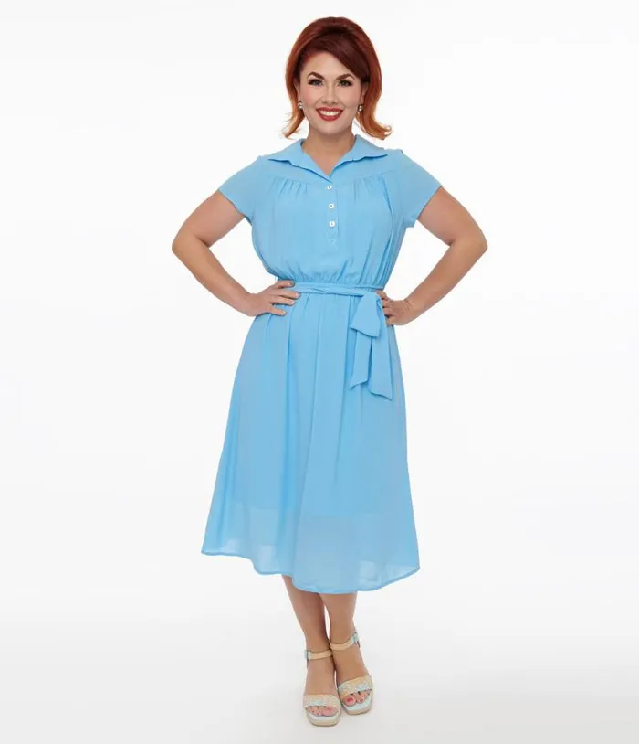 Hell Bunny 1930s Baby Blue Chiffon Midi Pearl Dress Dresses Unique Vintage Midi