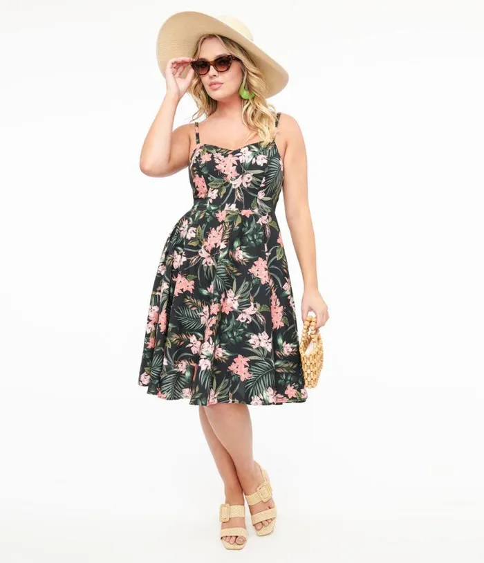 Hell Bunny 1950s Black and Pink Tropical Floral Print Cotton Calypso Swing Dress Dresses Unique Vintage Pocket Dresses Hell Bunny 1950s Black and Pink Tropical Floral Print Cotton Calypso Swing Dress Dresses Unique Vintage Pocket Dresses