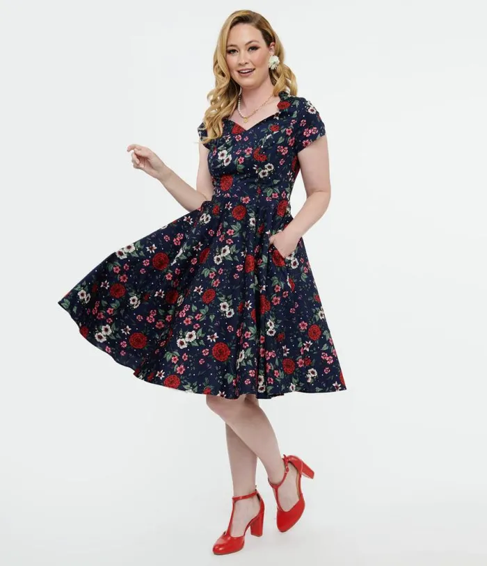 Hell Bunny 1950s Navy Blue and Red Floral Camellia Midi Dress Dresses Unique Vintage Pocket Dresses Hell Bunny 1950s Navy Blue and Red Floral Camellia Midi Dress Dresses Unique Vintage Pocket Dresses