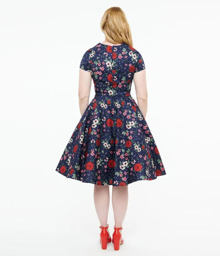 Hell Bunny 1950s Navy Blue and Red Floral Camellia Midi Dress Dresses Unique Vintage Pocket Dresses