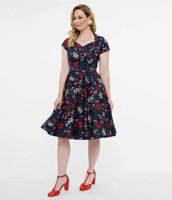 Hell Bunny 1950s Navy Blue and Red Floral Camellia Midi Dress Dresses Unique Vintage Pocket Dresses