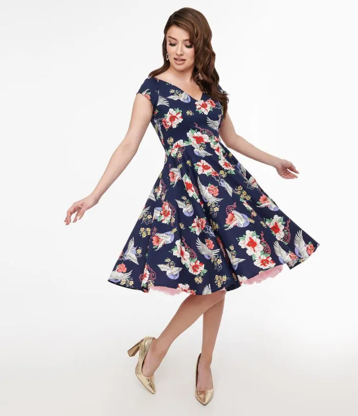 Hell Bunny 1950s Navy Floral and Cranes Cotton Swing Dress Dresses Unique Vintage Swing Hell Bunny 1950s Navy Floral and Cranes Cotton Swing Dress Dresses Unique Vintage Swing