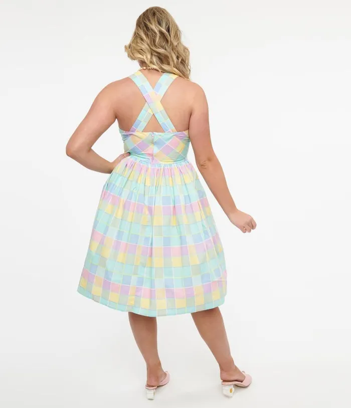 Hell Bunny 1950s Pastel Rainbow Check Cotton Swing Dress Dresses Unique Vintage Pocket Dresses