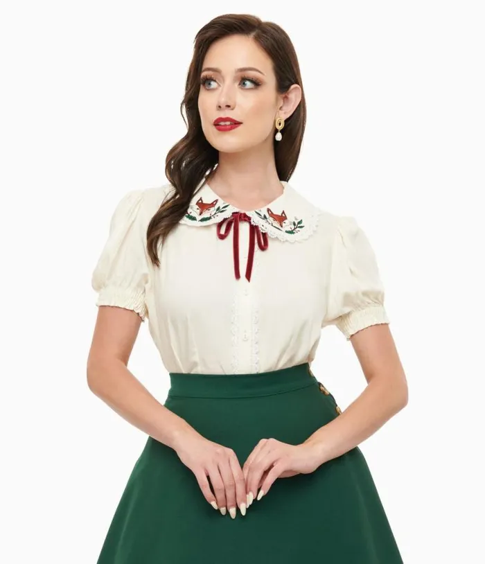Hell Bunny 1950s White Fox Basil Blouse Clothing Unique Vintage Blouses