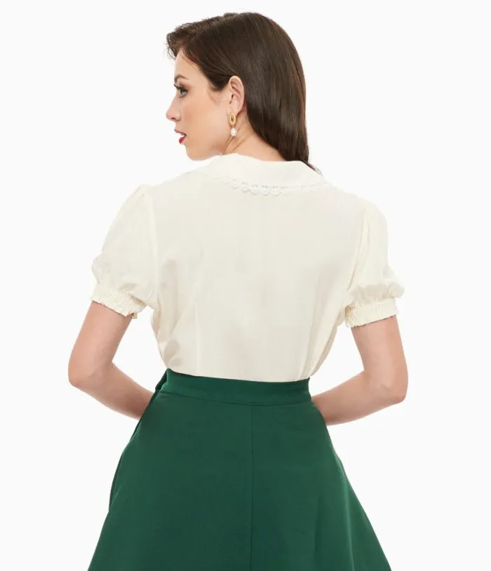 Hell Bunny 1950s White Fox Basil Blouse Clothing Unique Vintage Blouses