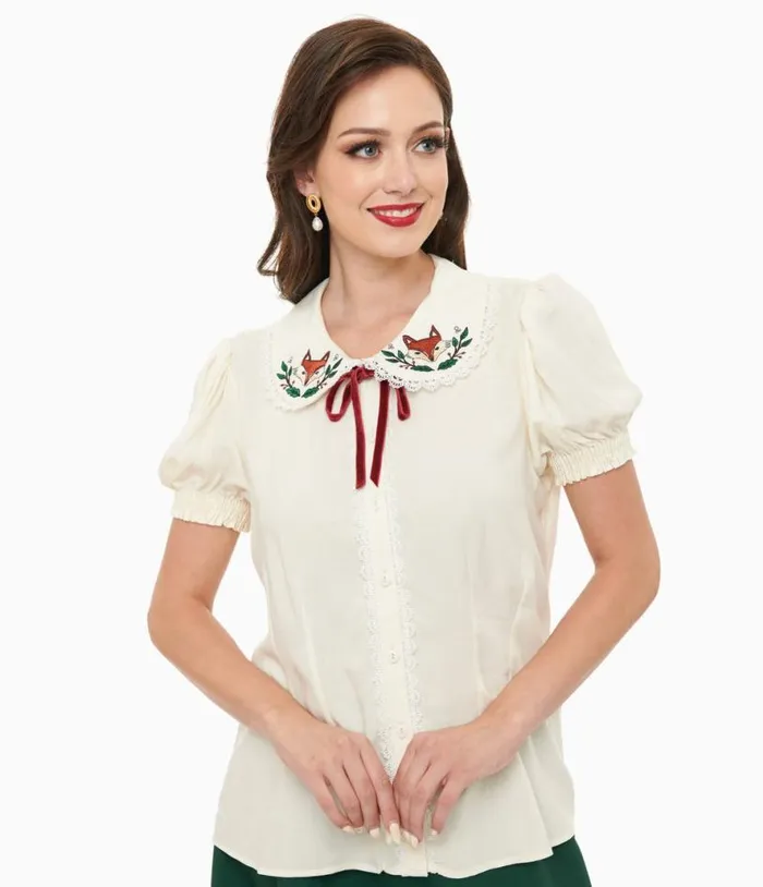 Hell Bunny 1950s White Fox Basil Blouse Clothing Unique Vintage Blouses
