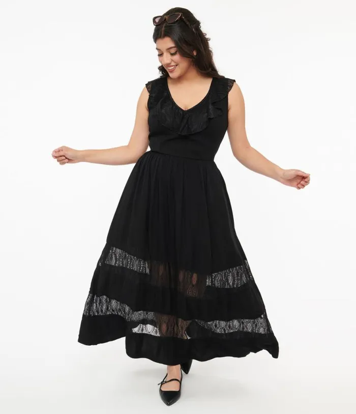 Hell Bunny 1970s Black Lace Stripe Maxi Dress Dresses Unique Vintage Maxi