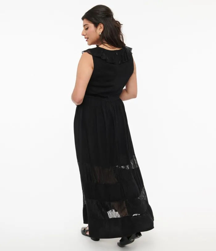 Hell Bunny 1970s Black Lace Stripe Maxi Dress Dresses Unique Vintage Maxi