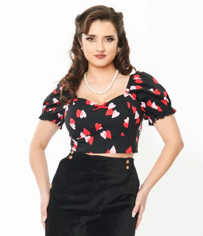 Hell Bunny Black and Red Hearts Crop Top ClothingPlus Unique Vintage Blouses Hell Bunny Black and Red Hearts Crop Top ClothingPlus Unique Vintage Blouses