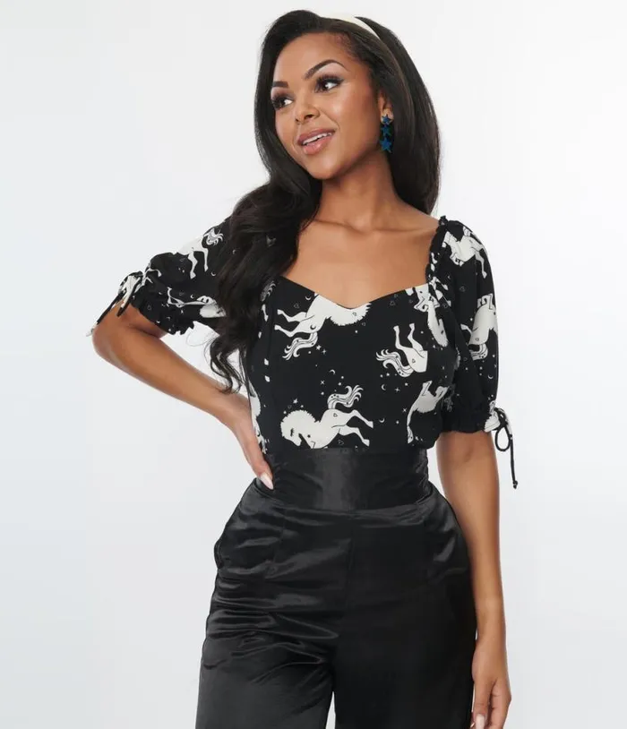 Hell Bunny Black and White Unicorn Sulivan Top Clothing Unique Vintage Blouses Hell Bunny Black and White Unicorn Sulivan Top Clothing Unique Vintage Blouses